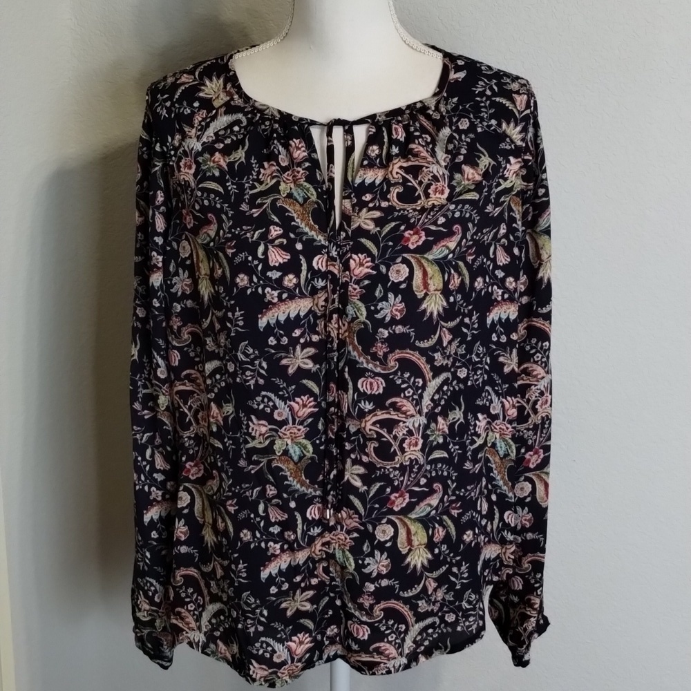 Rose & Olive Women's size small floral blouse Navy long sleeve with tie